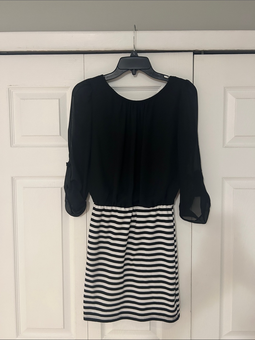 Women's Black & White Long Sleeve Two-Tone Dress